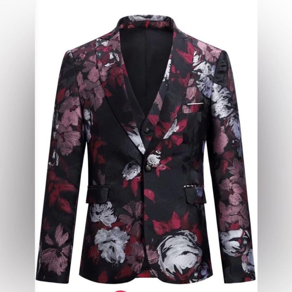 🆕 Cloudstyle Sz S Men’s Red Silver and Black Floral Blazer & Matching Vest - Picture 2 of 8